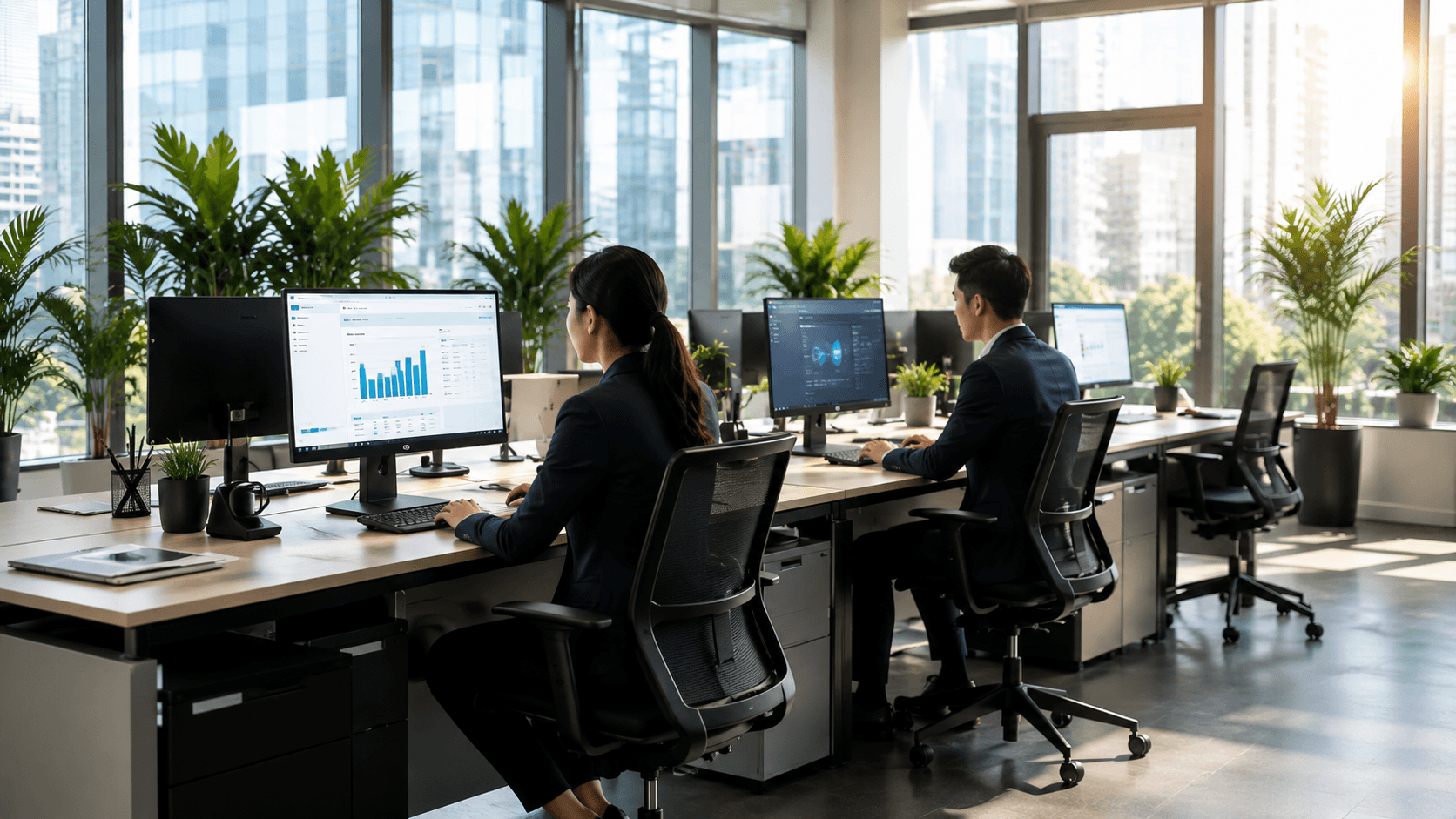 Modern open-plan office showing a diverse team working collaboratively at multiple computer workstations, with soft, natural light and healthy office plants