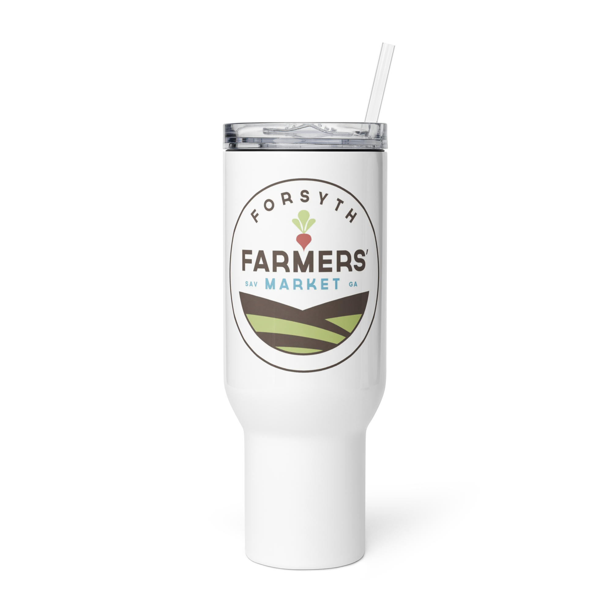 Travel mug with handle featuring the full-color Forsyth Farmers' Market logo