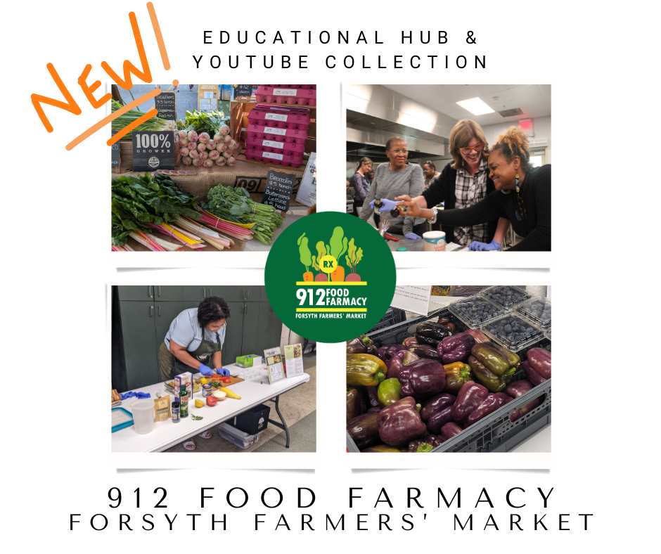 912 Food Farmacy YouTube channel graphic featuring two images of food at the farmers market and two images of people working to prepare food in social and instructional settings.