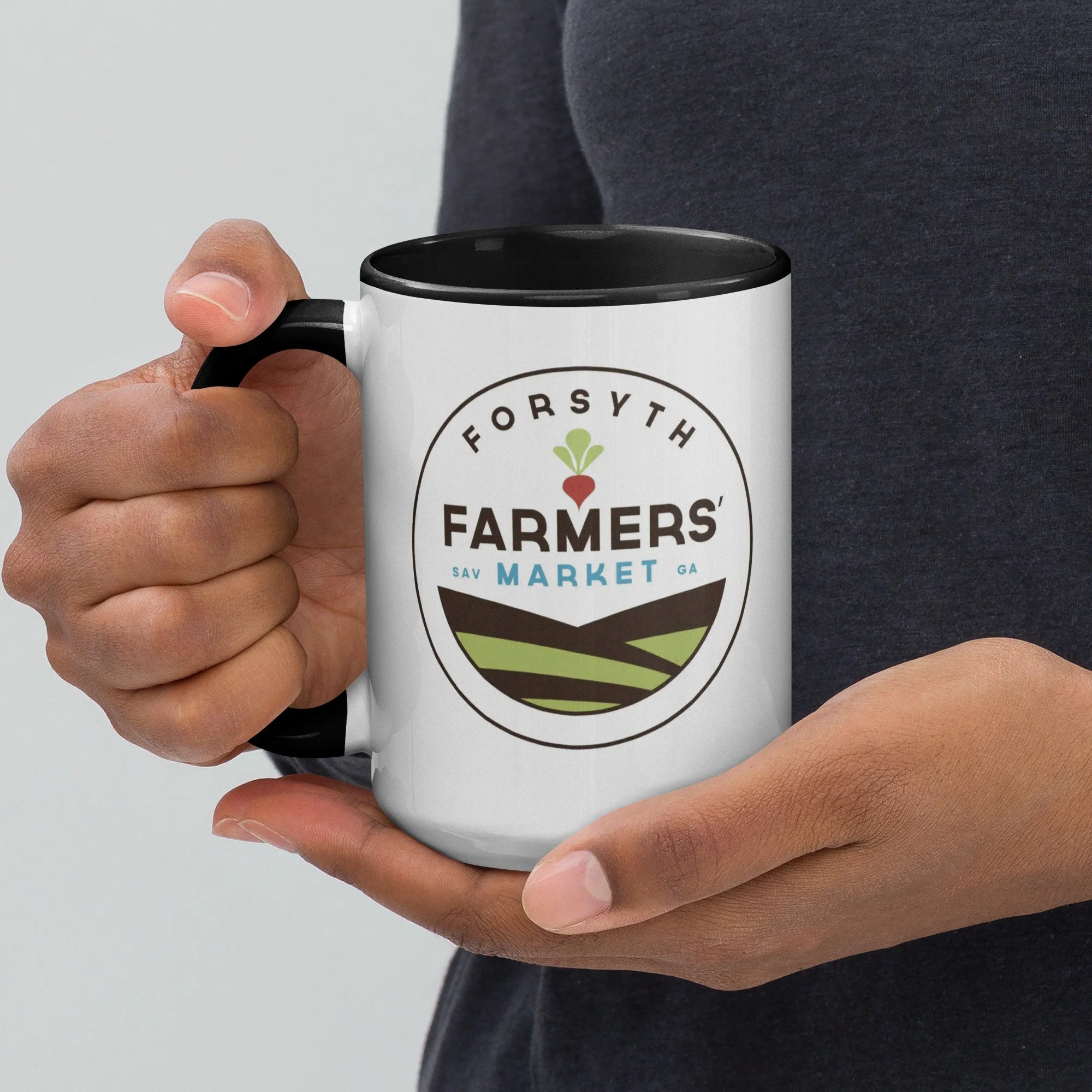 Two-color ceramic mug featuring the full-color Forsyth Farmers' Market logo