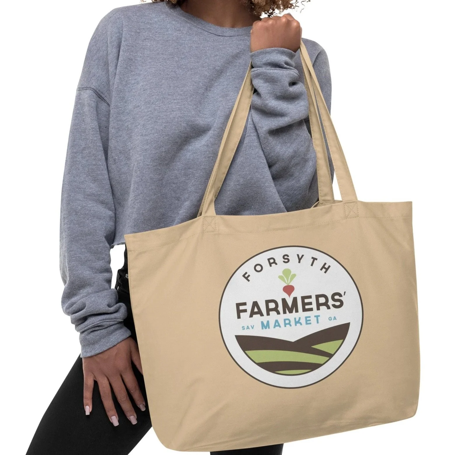 Large oyster organic cotton tote bag featuring the Forsyth Farmers' Market logo