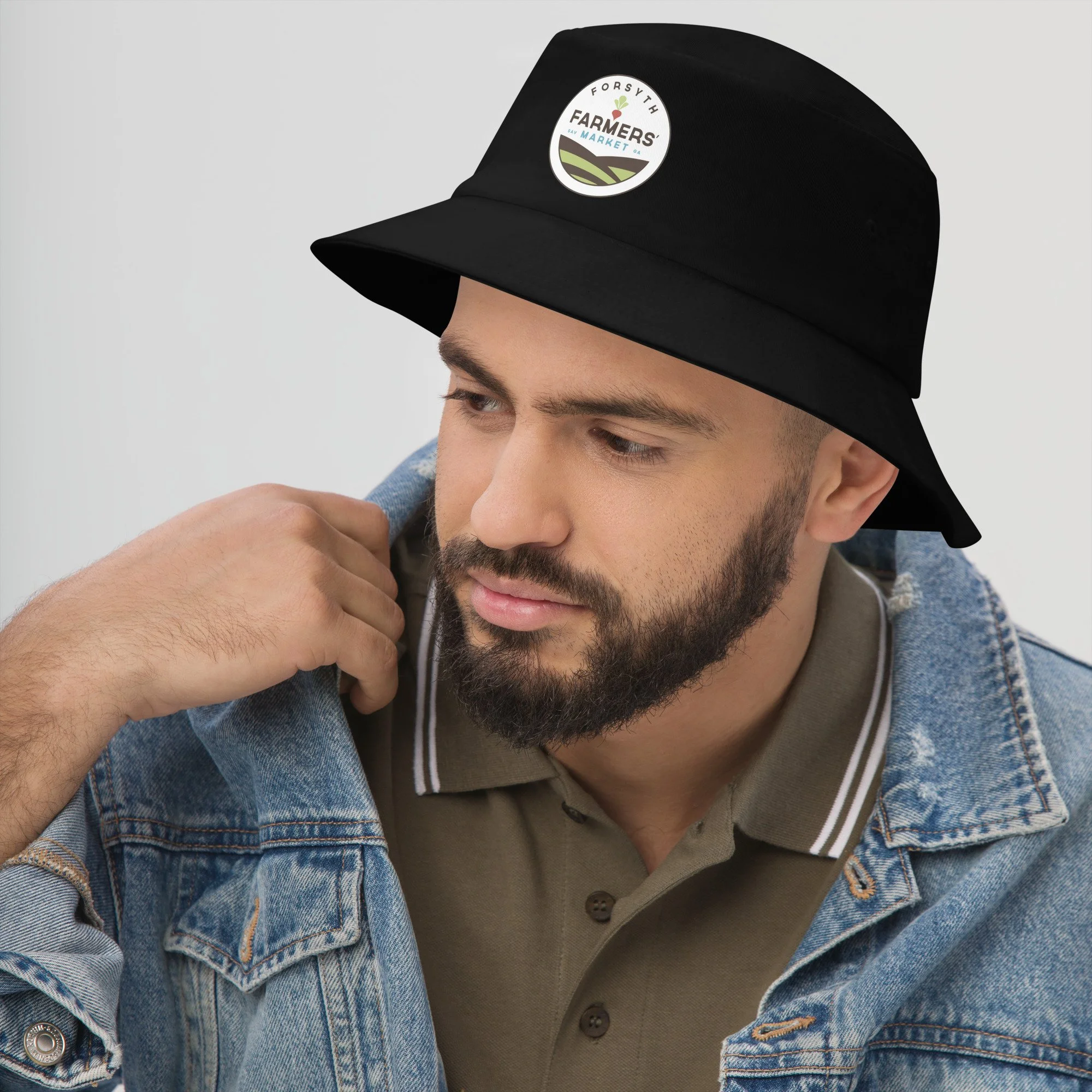Cotton bucket hat featuring the full-color Forsyth Farmers' Market logo