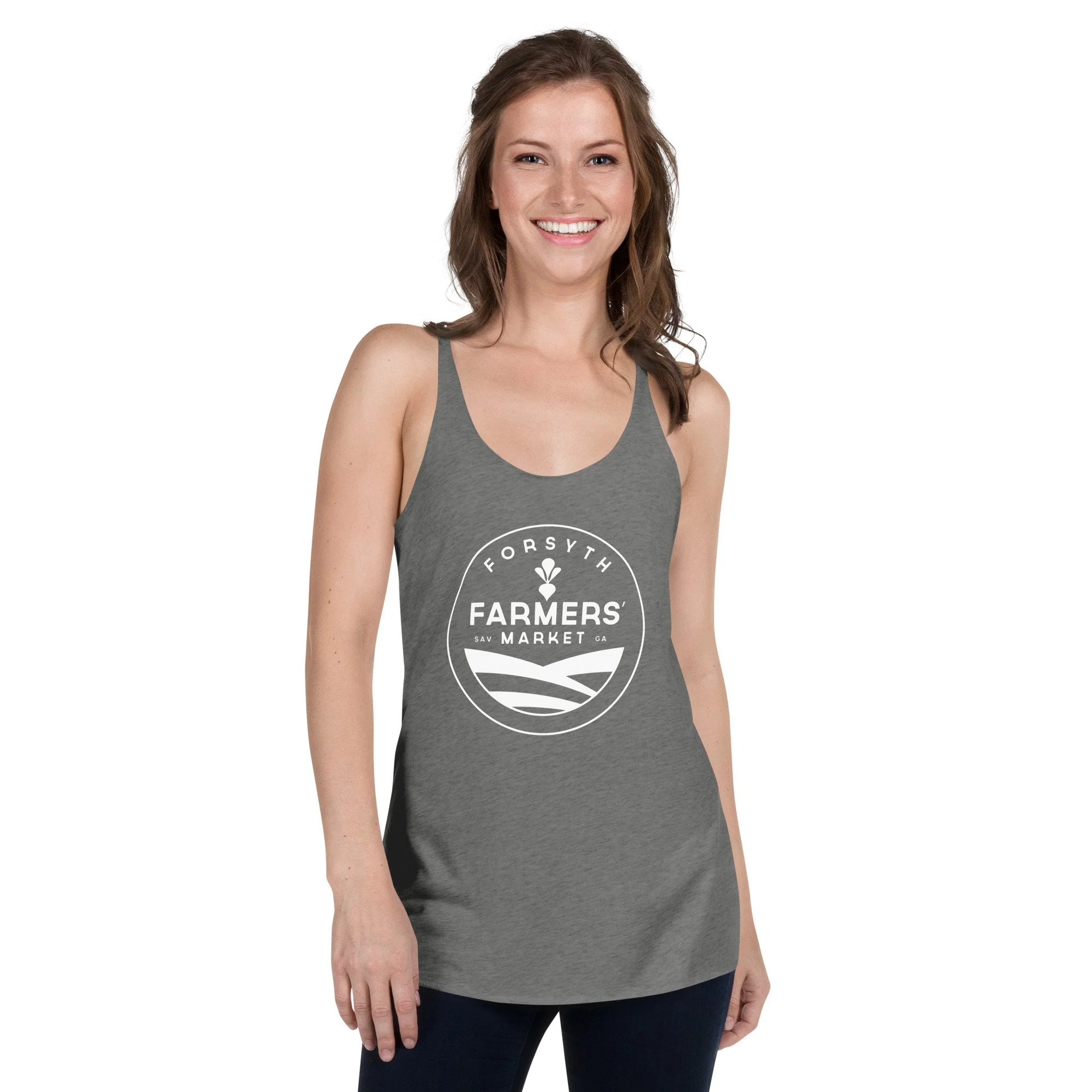 Women's racerback tank featuring the white Forsyth Farmers' Market logo
