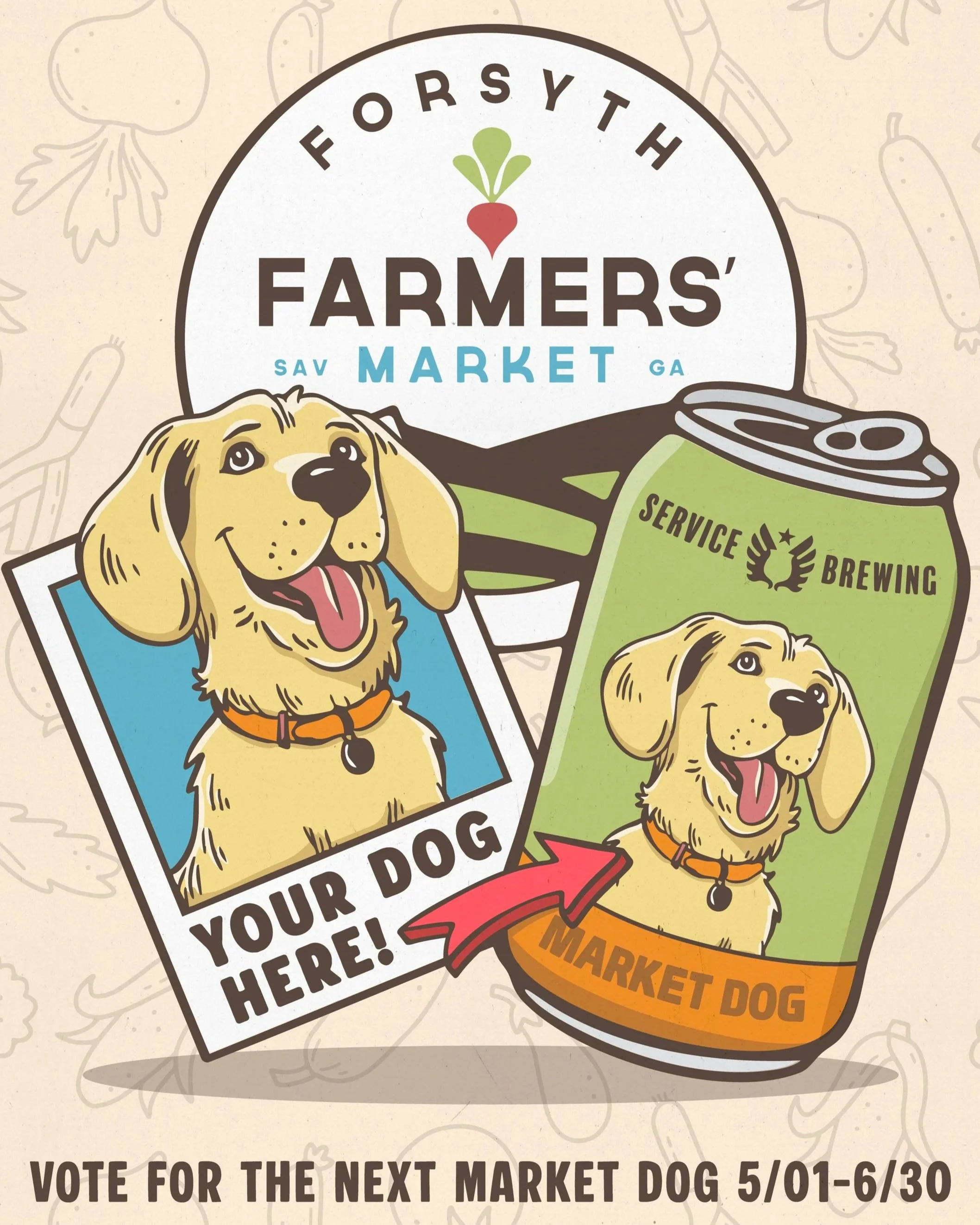 Market Dog 2026 Competition Graphic with two dog images one on a photo and one on a can with the FFM logo in the background and dates for the voting from 05/01-06/30