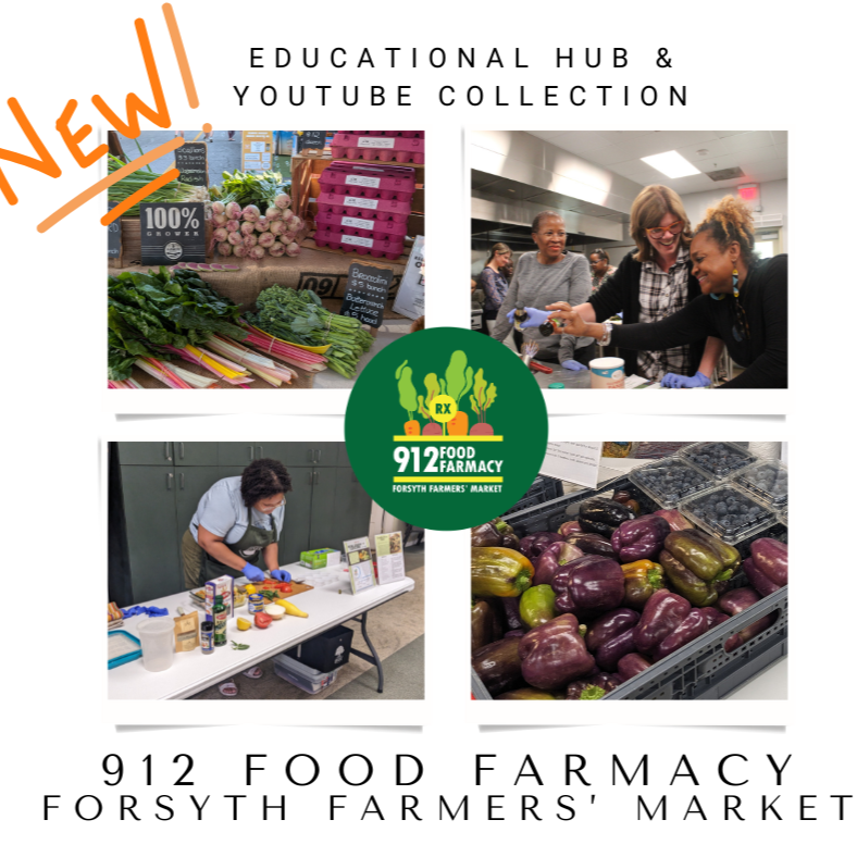 912 Food Farmacy YouTube channel graphic featuring two images of food at the farmers market and two images of people working to prepare food in social and instructional settings.