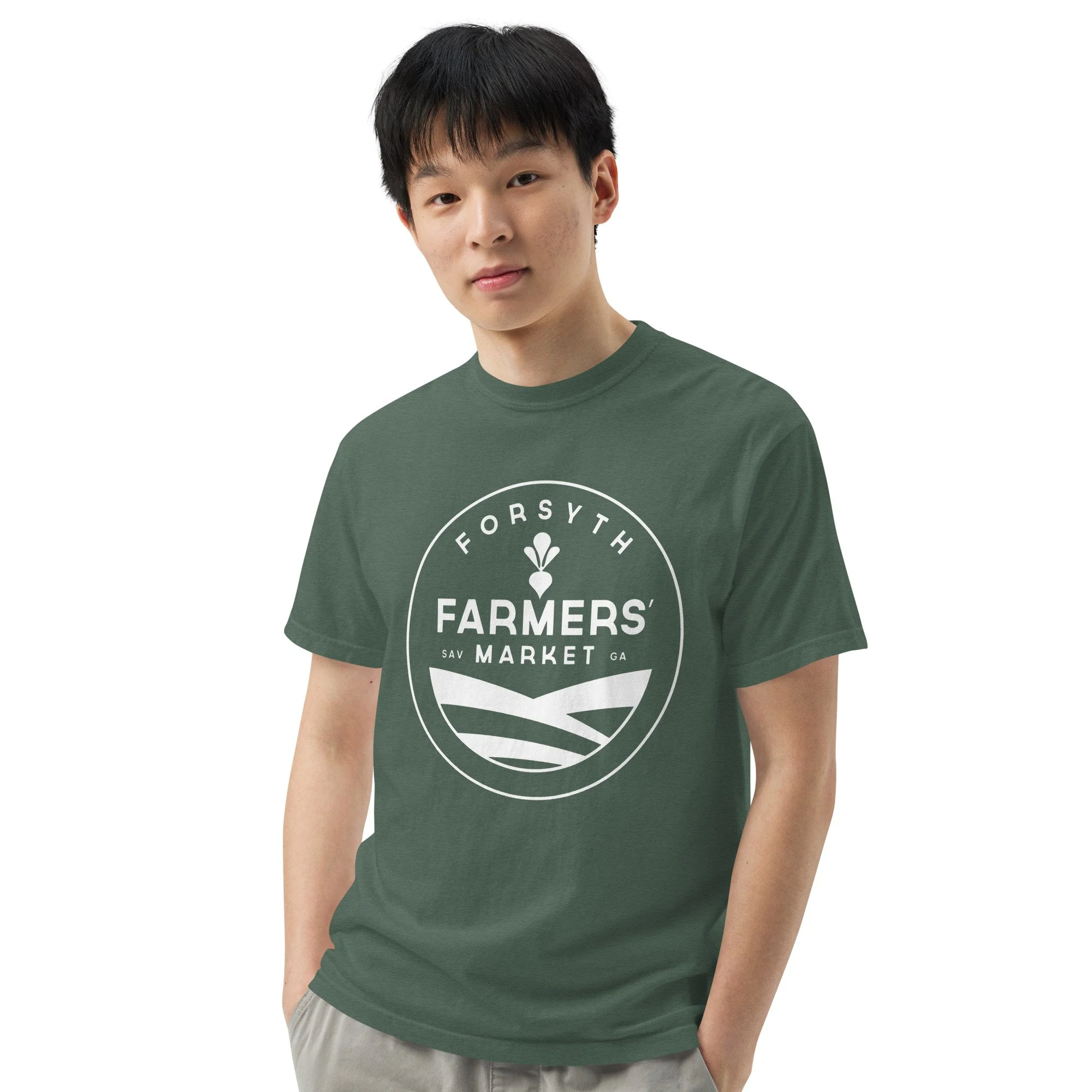 Unisex heavyweight T-shirt featuring the white Forsyth Farmers' Market logo