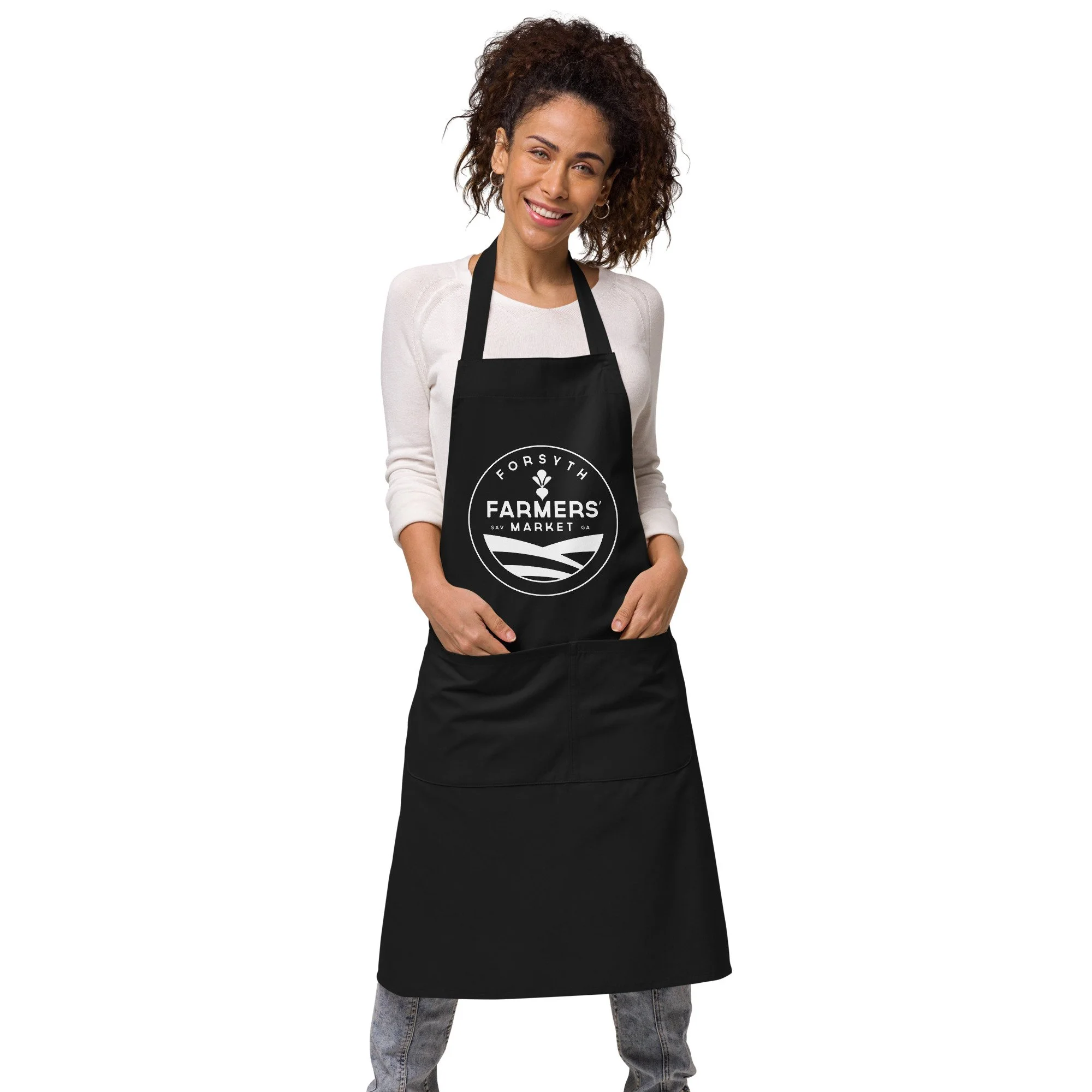 Black organic cotton apron featuring the white Forsyth Farmers' Market logo