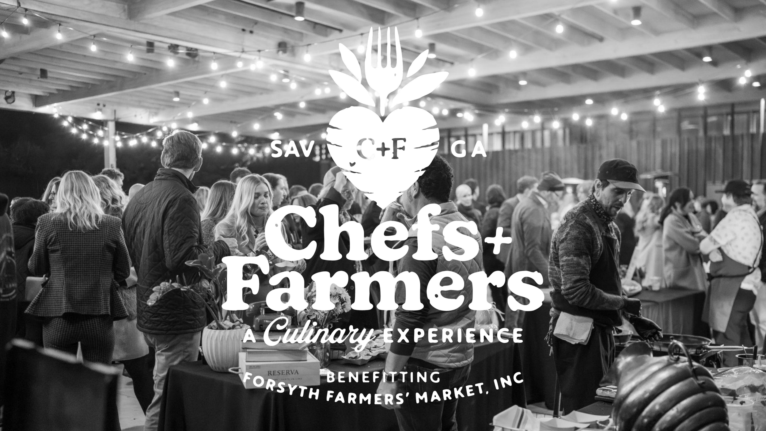 A black and white photo of the Chefs + Farmers Event photo of diners sampling a curated menu of culinary delights with a 'tickets on sale now' banner to Event Brite site.