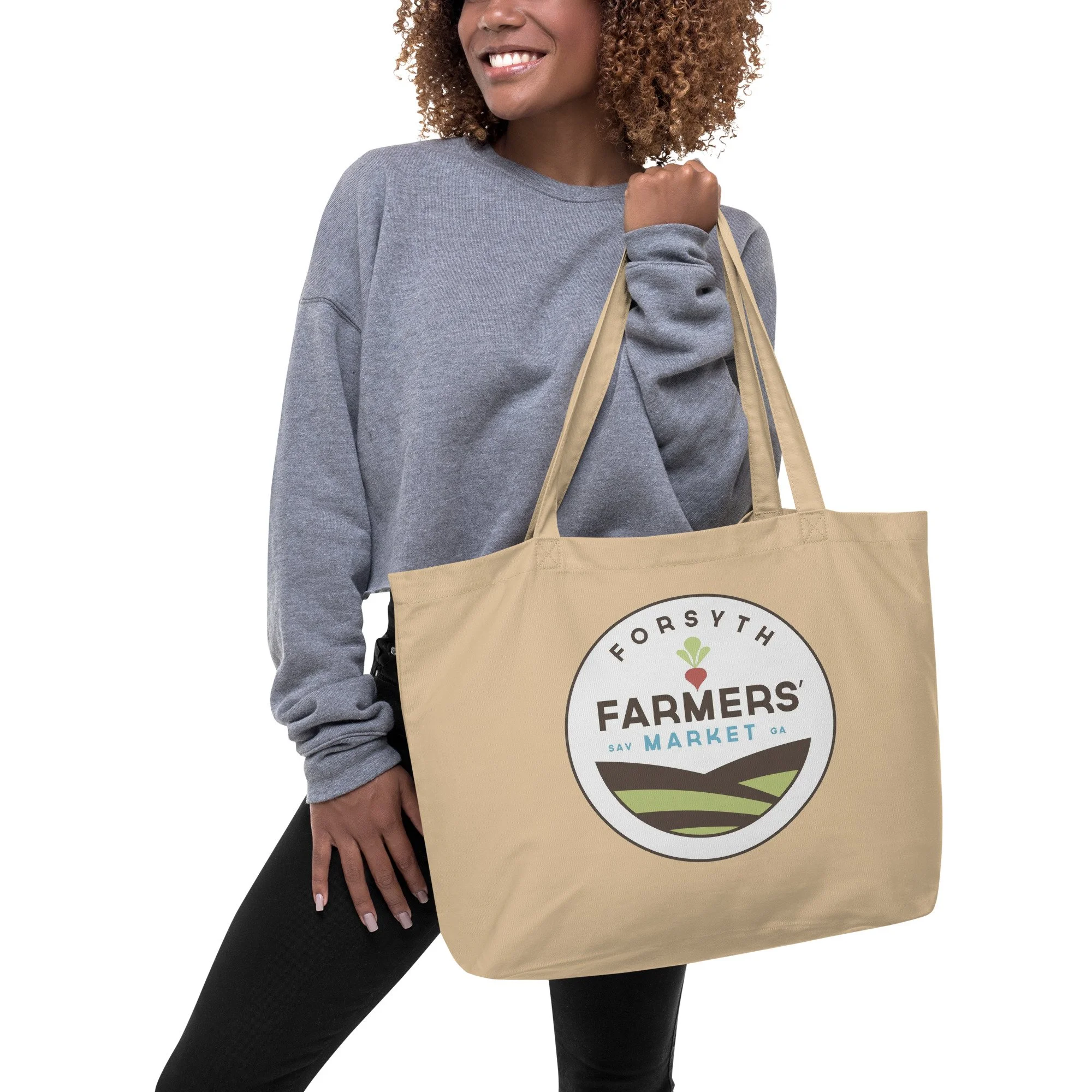 Large oyster organic cotton tote bag featuring the Forsyth Farmers' Market logo