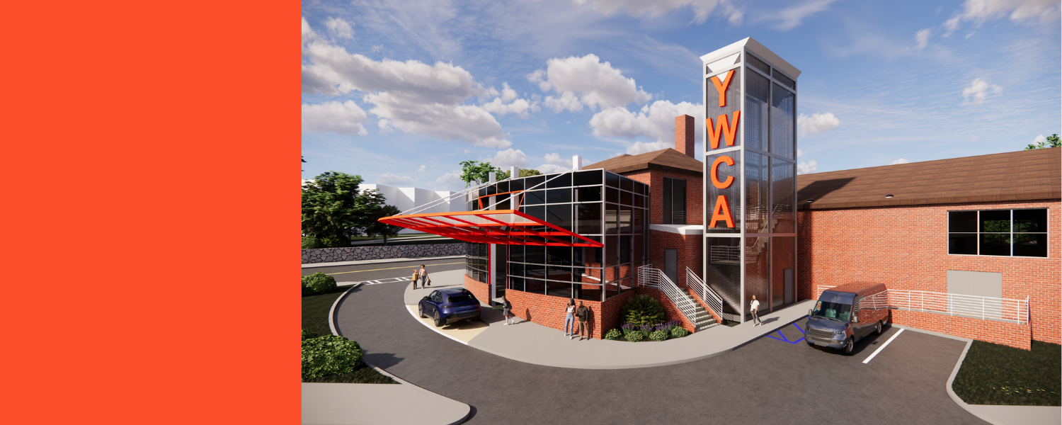 A rendering of a YWCA building with a brick exterior, a tall orange-framed sign spelling YWCA, a glass entrance at the front, and a parking lot with a van, set against a backdrop of trees.