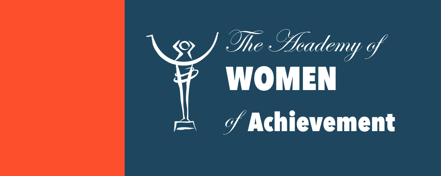 Celebration of women of diverse backgrounds with a red background, a stylized female figure holding a trophy, and the text 'Salute to Women of Achievement'.