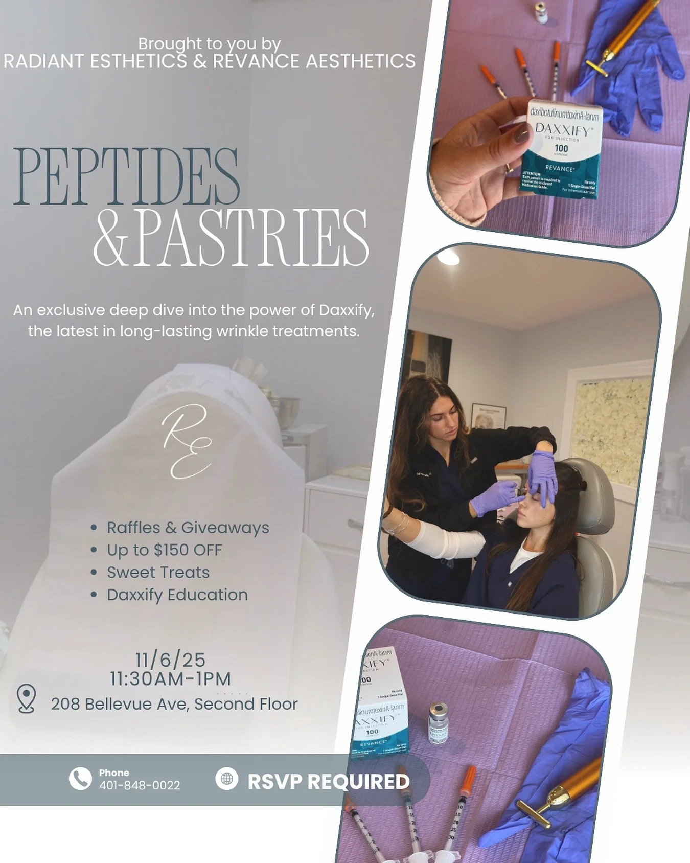 PEPTIDES & PASTRIES 🥐💉
We’re so excited to host a Peptides & Pastries event in partnership with @revanceaesthetics & @daxxify! ✨
Join us as we explore the power of peptides and learn how Daxxify delivers long-lasting, natural-lo
