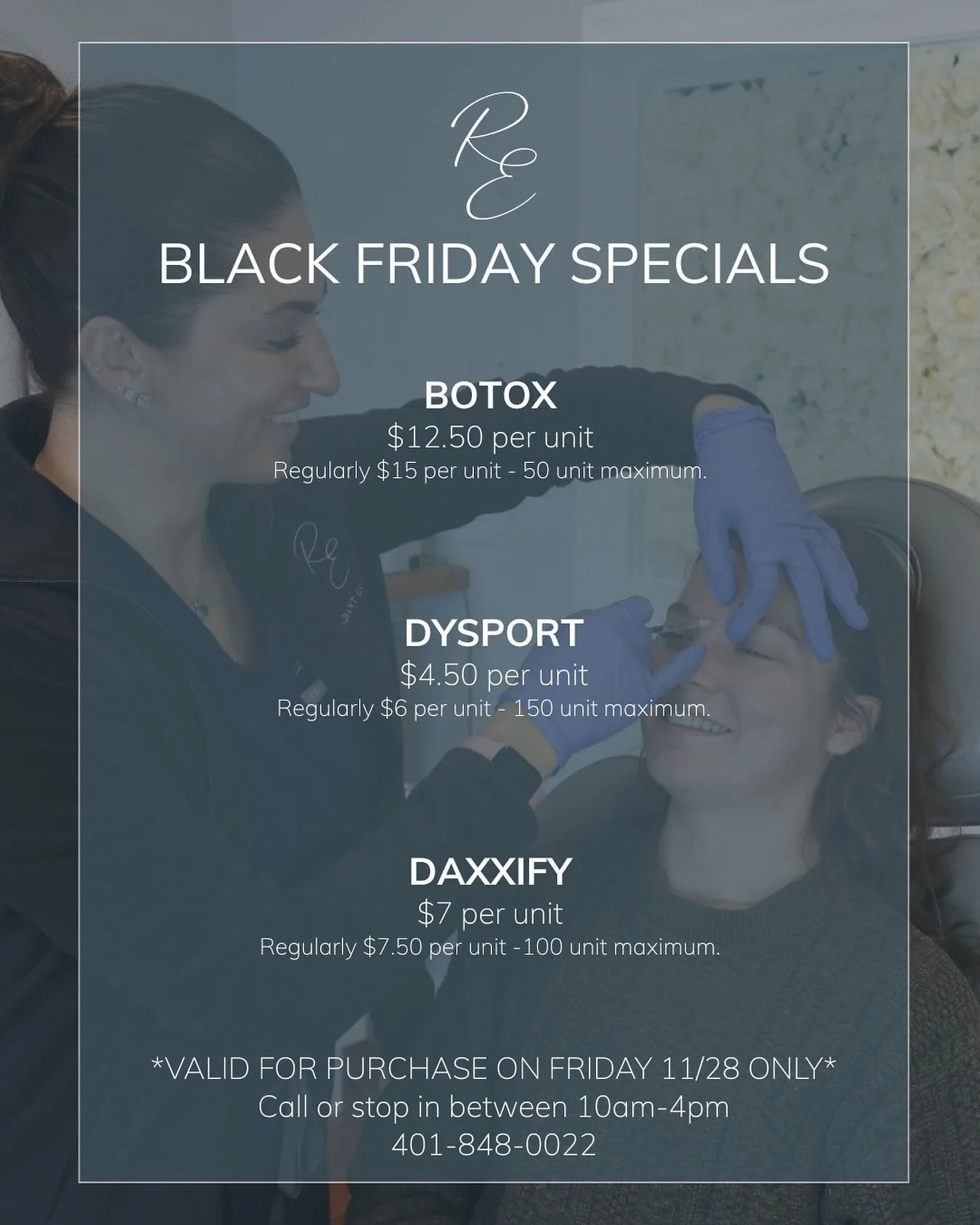 Black Friday is right around the corner! This Friday only save BIG on Botox, Dysport &amp; Daxxify. Get ready to treat yourself! ✨🎁

Botox -&gt; $12.50 per unit 
Dysport -&gt; $4.50 per unit 
Daxxify -&gt; $7 per unit 

*VALID FOR PURCHASE FRIDAY 11