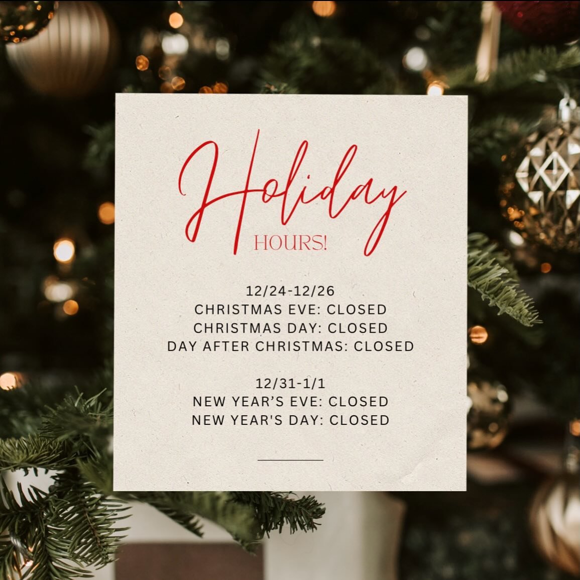 Happy Holidays from Radiant Esthetics! 🎁

We're closing for a short holiday break to relax with family and friends. 

We'll be back open
Saturday 12/27
Monday 12/28
Tuesday 12/29

Warmest wishes ❤️