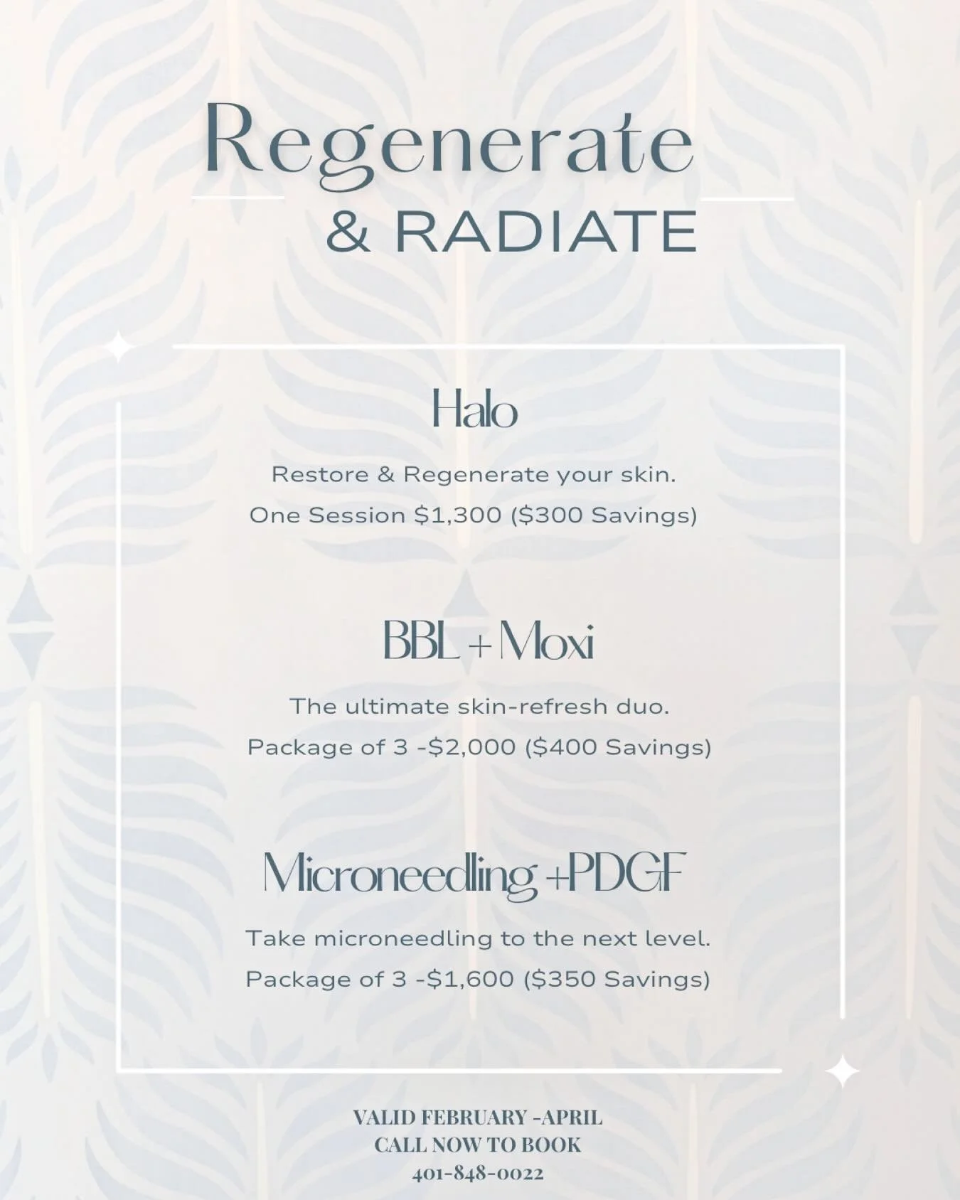 Regenerate &amp; Radiate this spring with our newest specials ✨🌸 

Halo (1 session)- $1300
Bbl &amp; Moxi (Package of 3) -$2000
Microneedling w/ PDGF (Package of 3)-$1600
