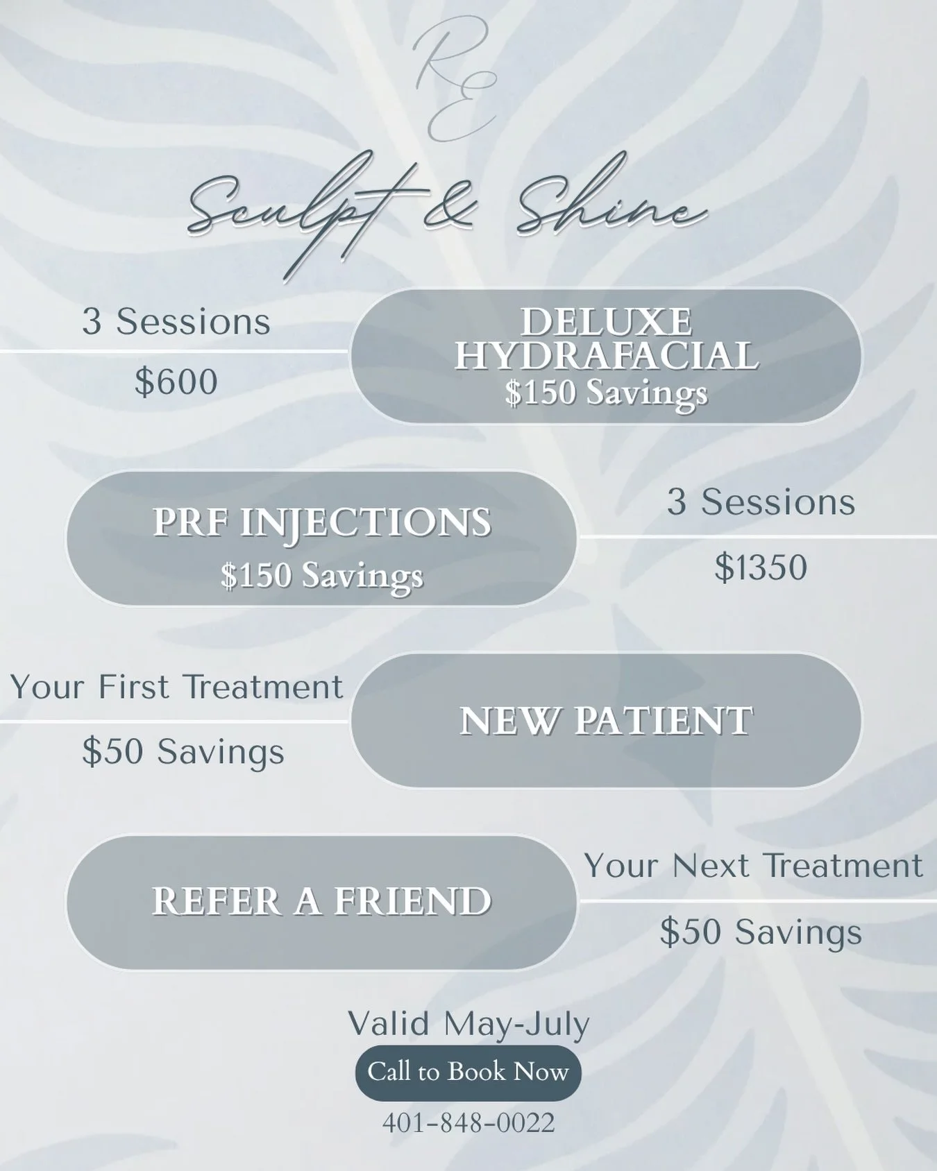 Sculpt and Shine with our new savings ✨🤍

Treatment Spotlights: 
&bull;Deluxe Hydrafacials : 3 sessions for $600
&bull;PRF Injections : 3 sessions for $1350 

Now through July 🤍