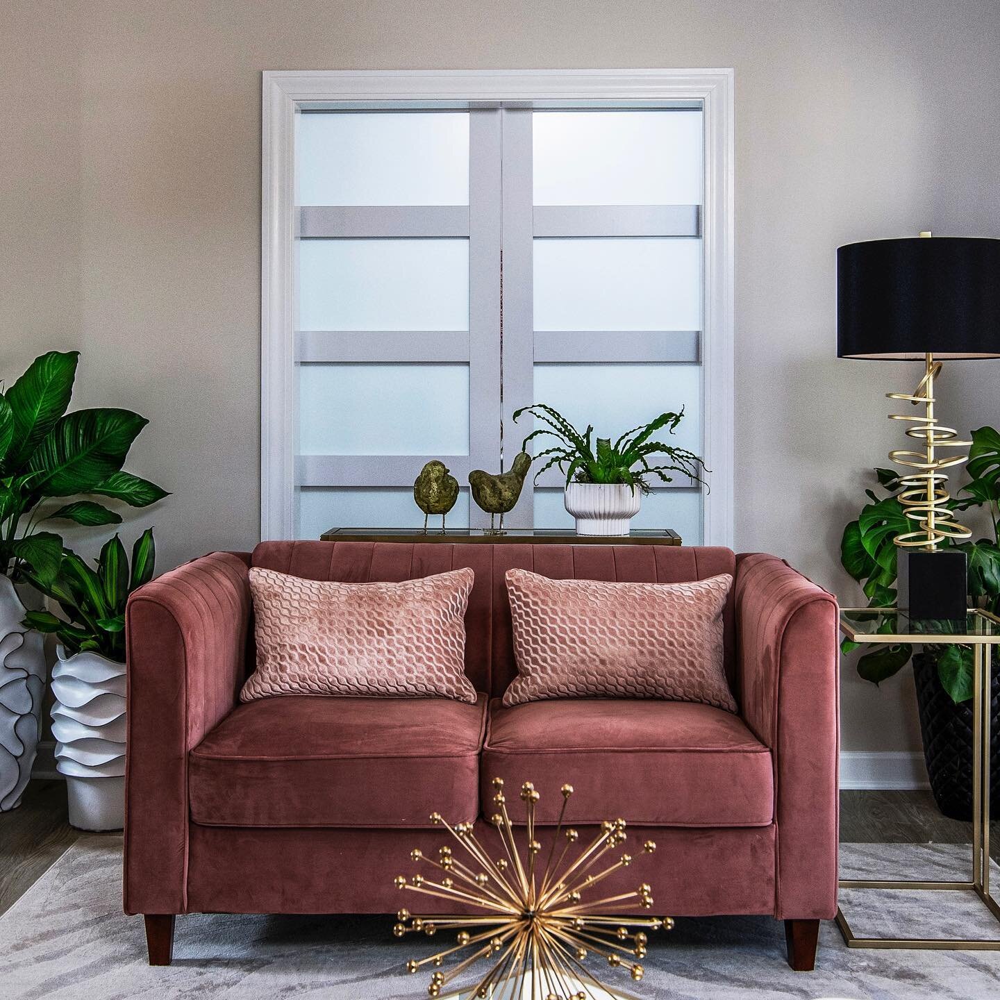 😍 Loving this sliding barn door that conceals our home office when needed! Swipe ⬅️ to see them open and close.✨🚪✨
.
.
.
.
.
#livingroomdesign #livingroomdecor #interiordesign #interiordesigner  #interiors #interiorstyle #pinkandgold #houseplants #