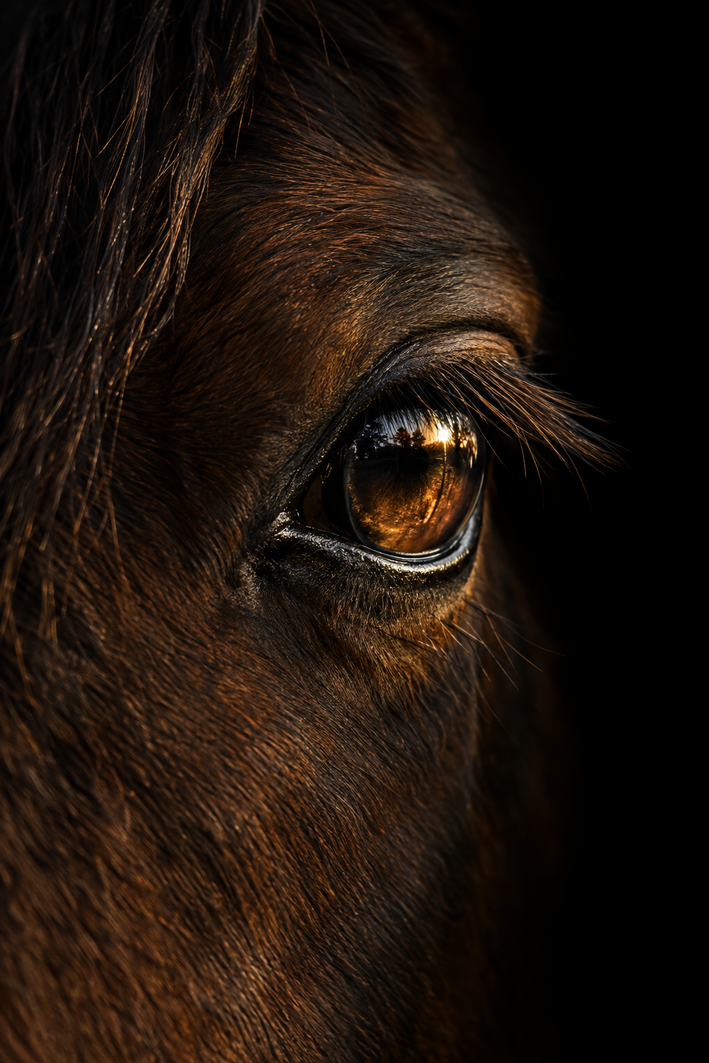 Close-up of a horse's eye reflecting sunset and trees, with detailed brown fur and long eyelashes.