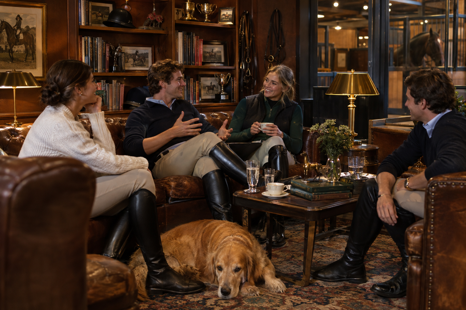 Four people are sitting on a leather sofa in a cozy, wood-paneled room decorated with horse racing memorabilia and trophies. They are engaged in a lively conversation, with one person gesturing animatedly. A large dog is lying on the carpet in front of the sofa. There are drinks and books on the coffee table in front of them, and a horse stable visible through glass in the background.