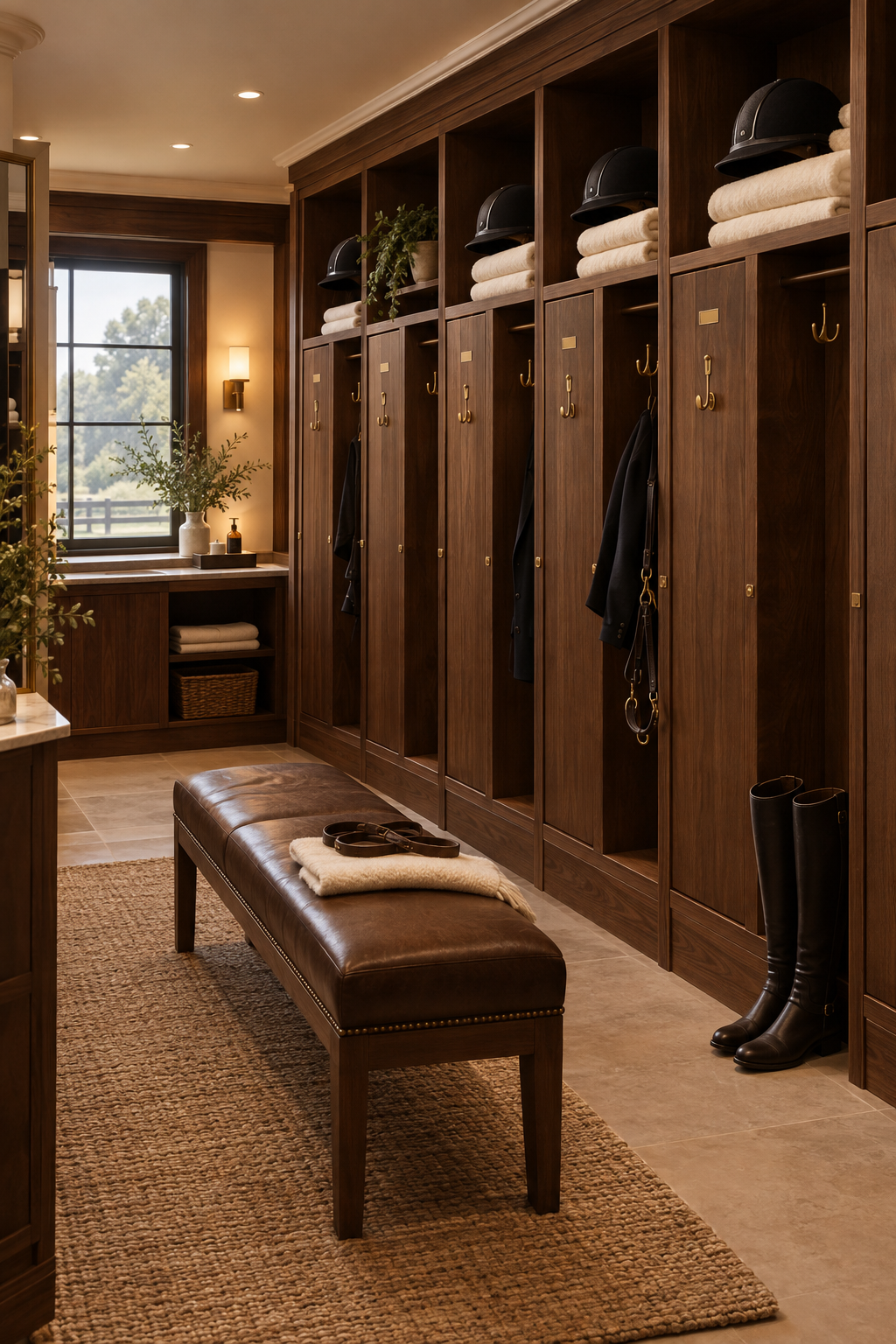 A luxurious and organized equestrian mudroom with wooden lockers containing riding helmets, towels, and riding gear. A leather ottoman with riding gloves and a blanket is in the center. There is a window with outside greenery and a small window ledge with decorative items.