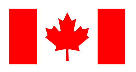 Canadian flag with red vertical stripes on the sides and a red maple leaf in the center on a white background.