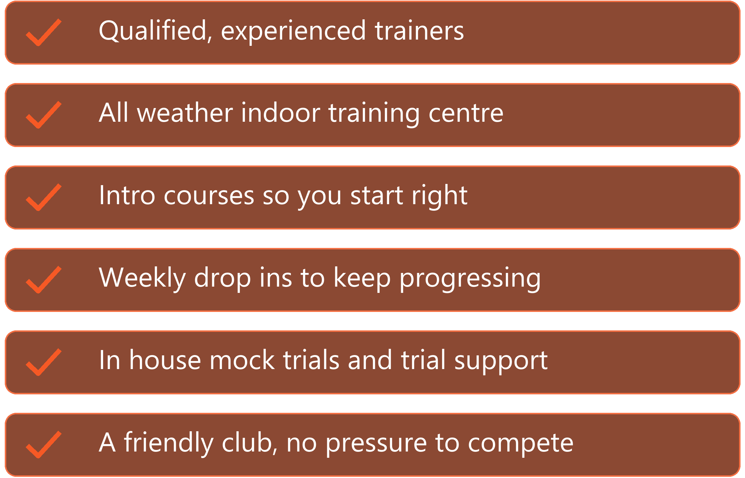 Why choose Dynamic Dogs Unleashed: qualified trainers, indoor centre, intro courses, weekly drop ins, in house mock trials and trial support