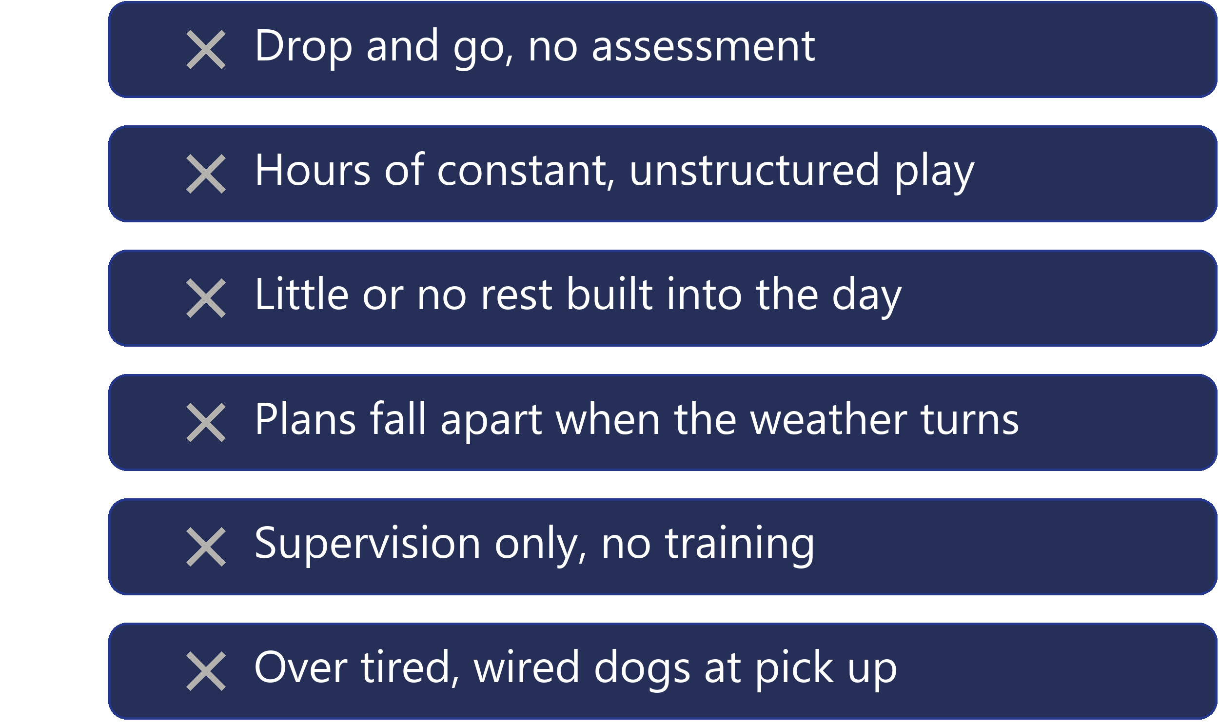 What to avoid in typical daycares: no assessment, constant unstructured play, little rest, supervision only