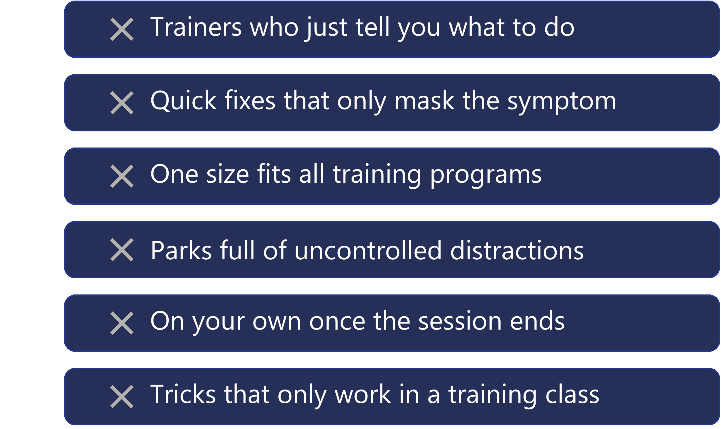 What to avoid with other trainers: being told what to do without the why, quick fixes, one size fits all programs and no support after the session