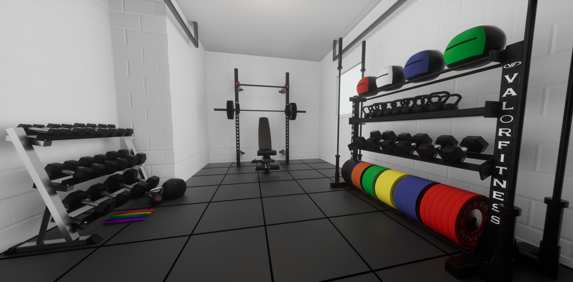 Garage home gym 3D design and custom equipment layout, rendered in Cinema 4D and Octane