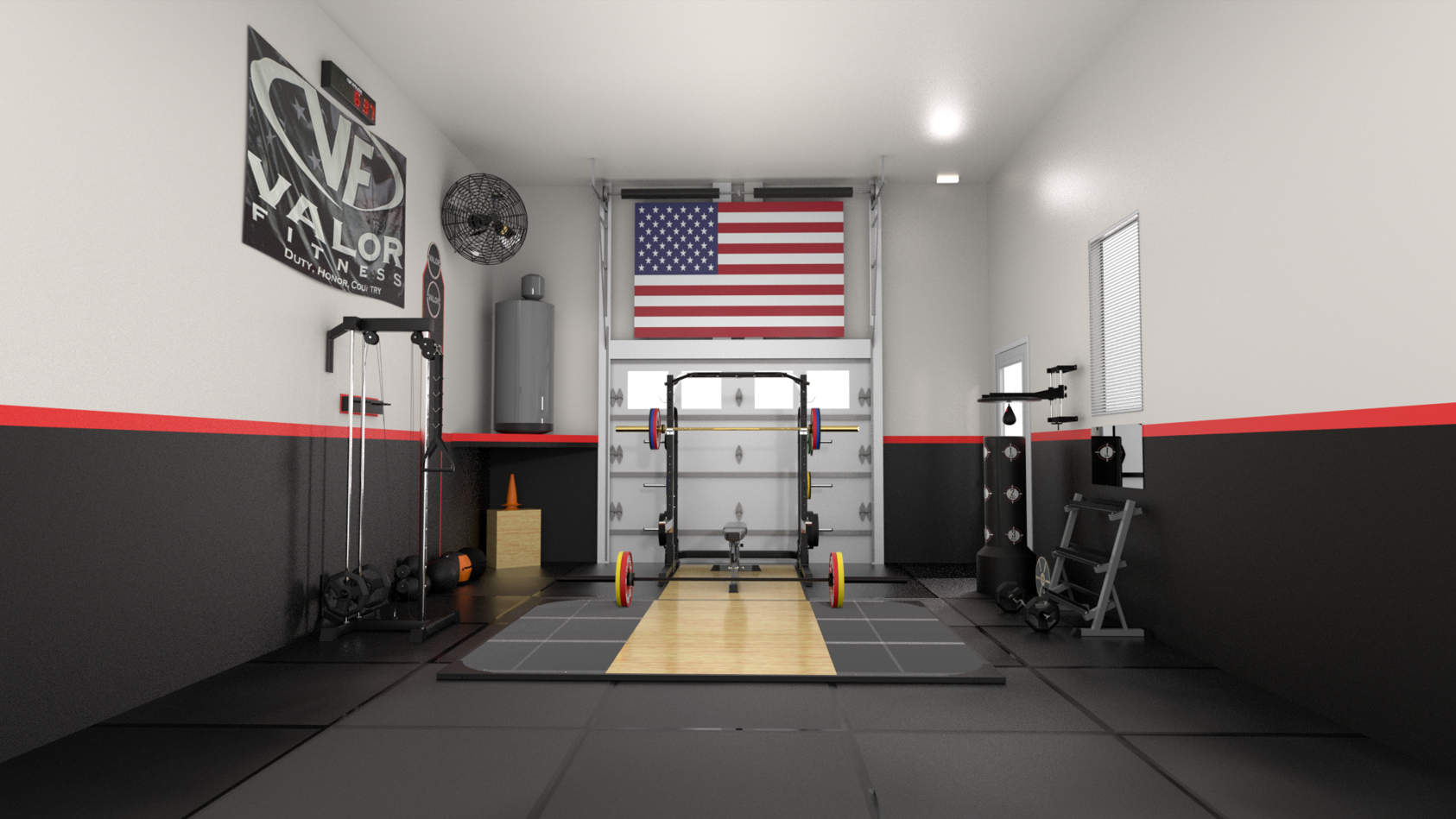 Custom garage home gym 3D design and custom equipment layout, rendered in Cinema 4D and Octane