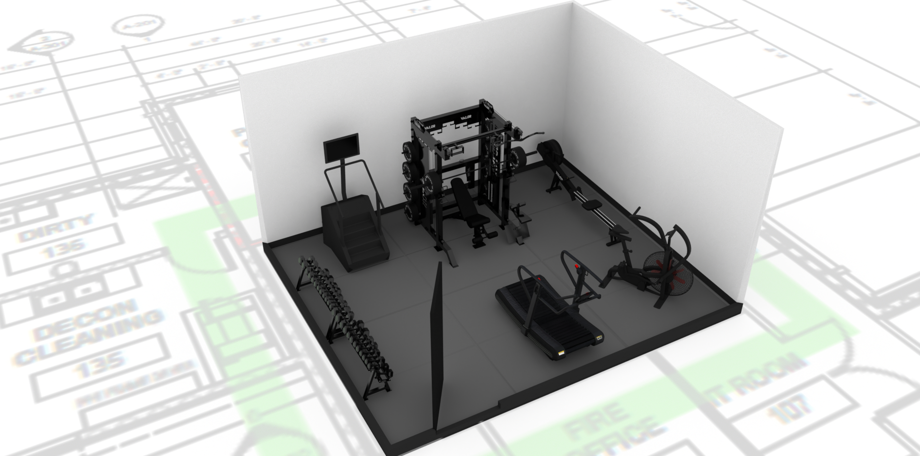 Fire Rescue Public safety & Training Facility gym 3D design and custom equipment layout, rendered in Cinema 4D and Octane