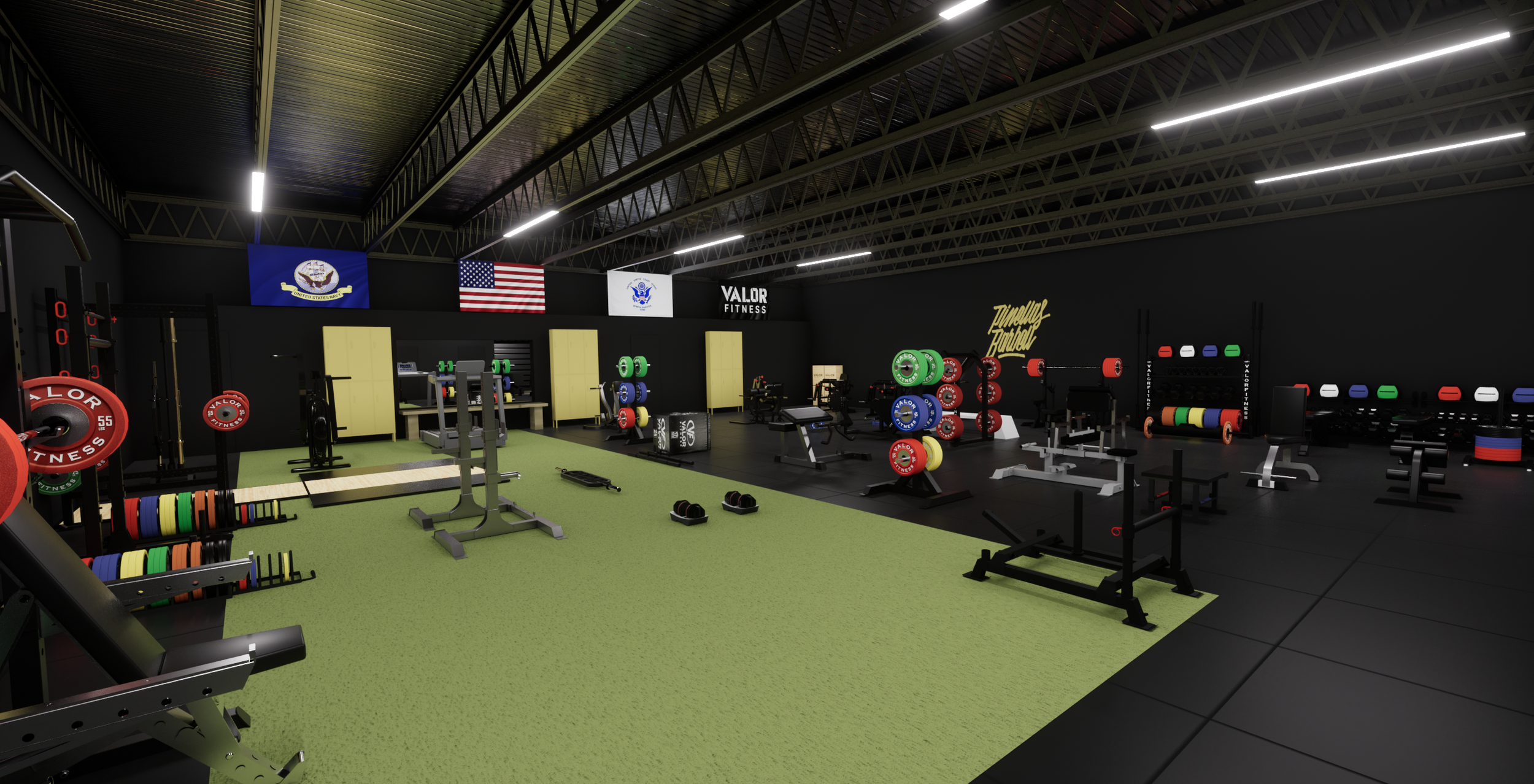 Pinellas Barbell Custom commercial gym 3D design and equipment layout, rendered in Cinema 4D and Octane