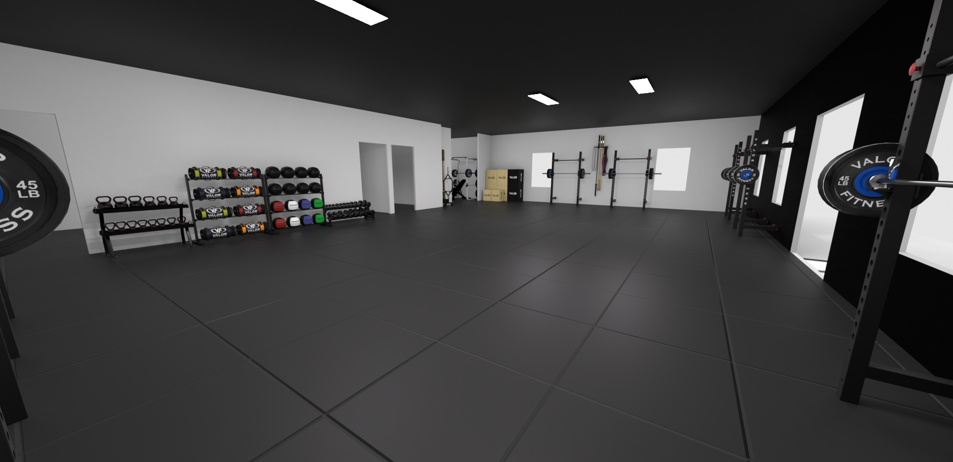 Large commercial gym 3D design and equipment layout, rendered in Cinema 4D and Octane