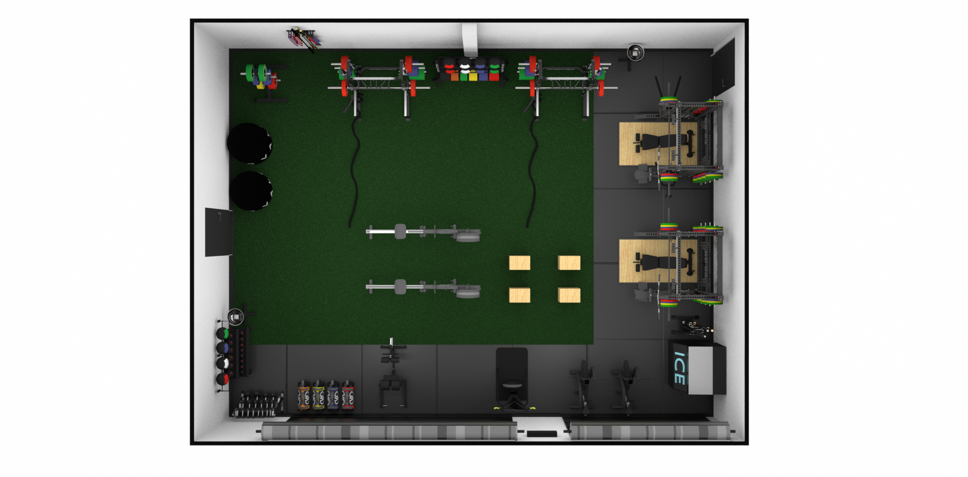 Public safety & Training Facility gym 3D design and custom equipment layout, rendered in Cinema 4D and Octane