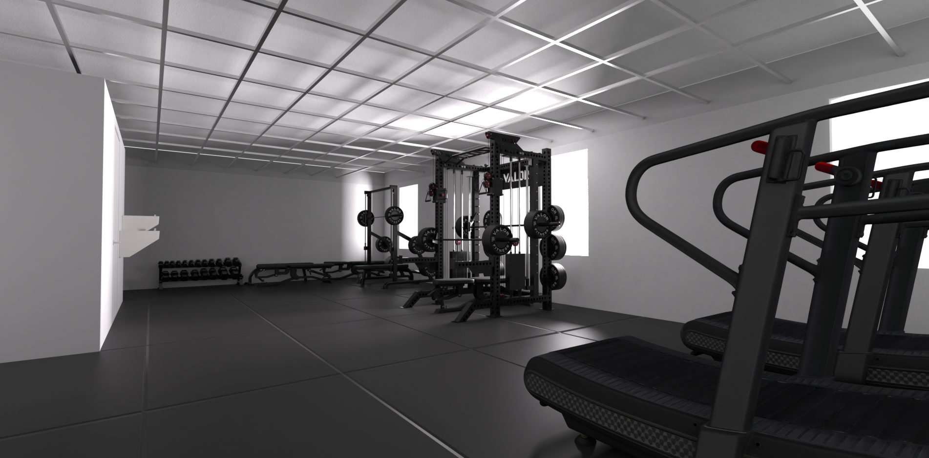 Shared commercial gym 3D design and equipment layout, rendered in Cinema 4D and Octane