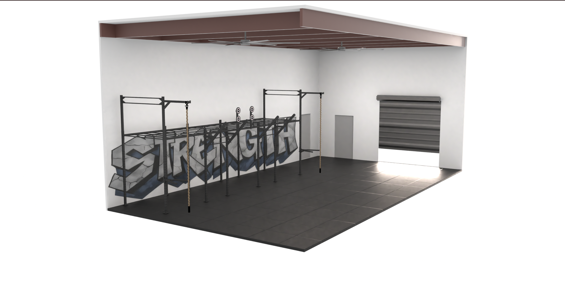 Wearhouse commercial gym 3D design and equipment layout, rendered in Cinema 4D and Octane