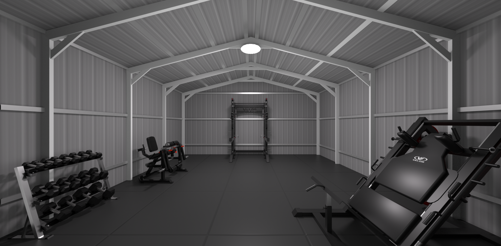 Small Shed room home gym 3D design and custom equipment layout, rendered in Cinema 4D and Octane