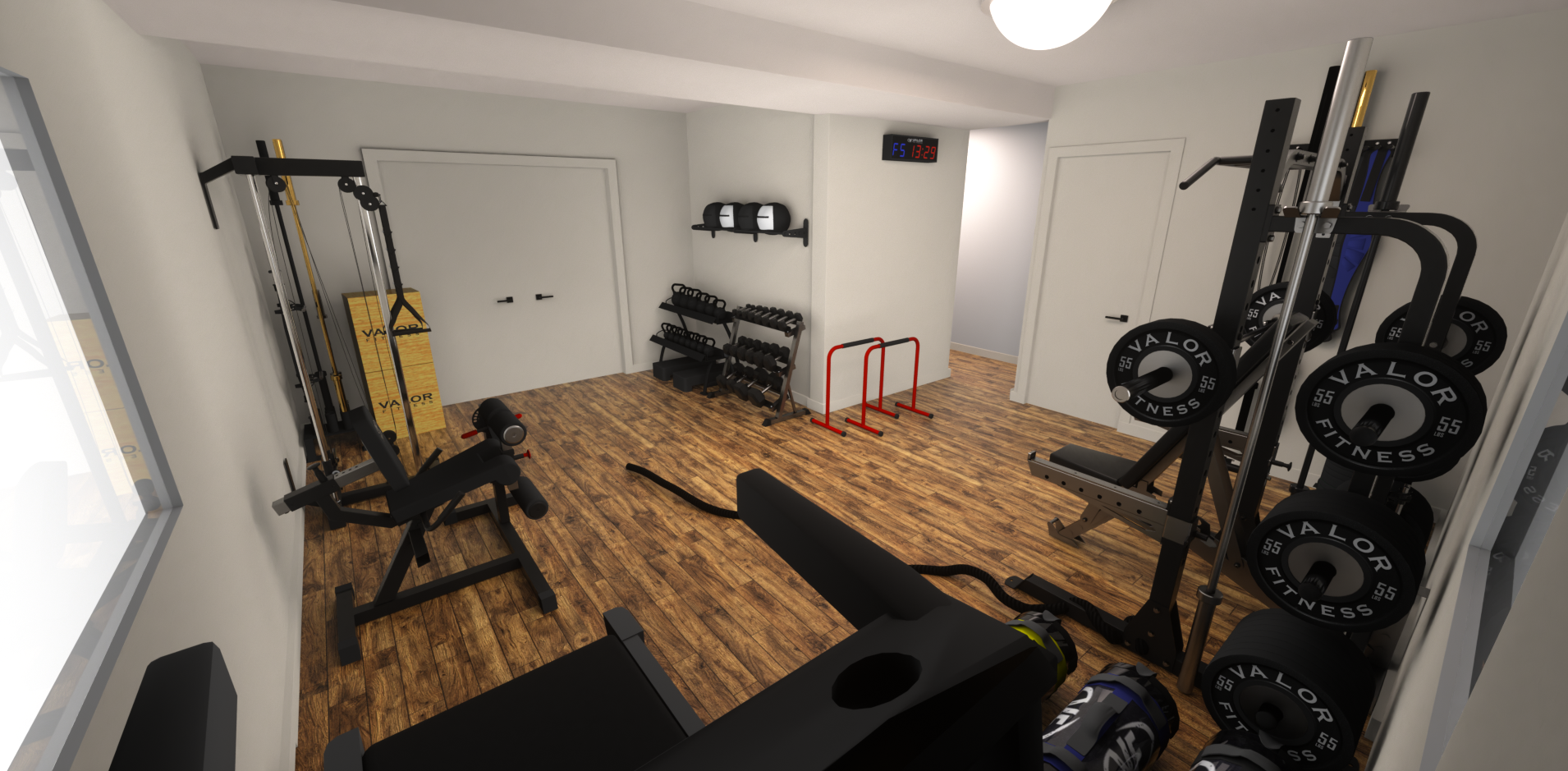 Home gym room 3D design and custom equipment layout, rendered in Cinema 4D and Octane