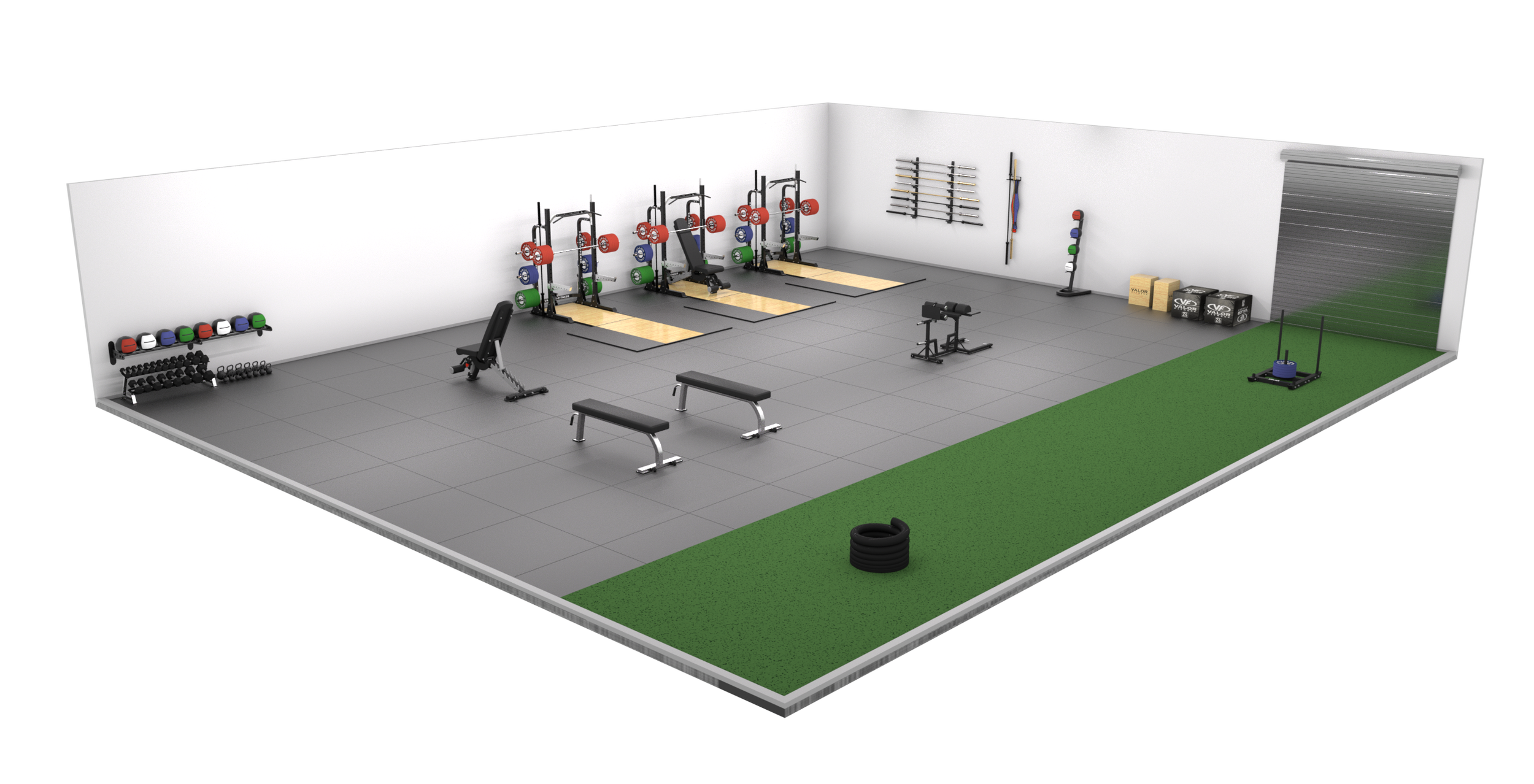 Facility commercial gym 3D design and equipment layout, rendered in Cinema 4D and Octane