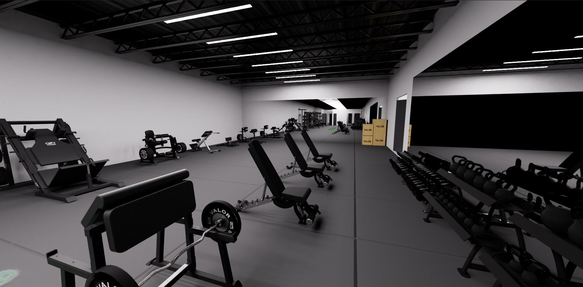 Custom Office commercial gym 3D design and equipment layout, rendered in Cinema 4D and Octane