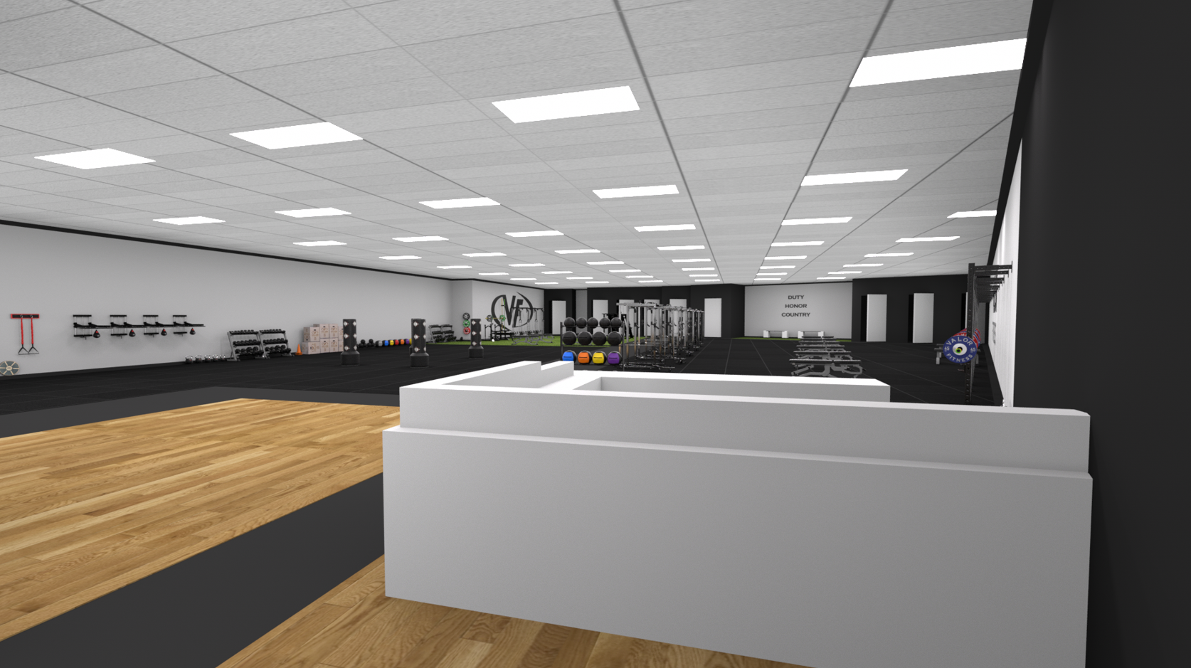 Office commercial gym 3D design and equipment layout, rendered in Cinema 4D and Octane