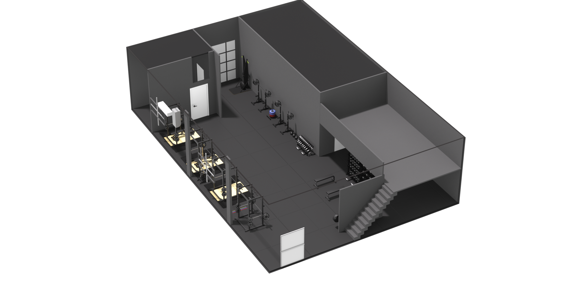 Large commercial gym 3D design and equipment layout, rendered in Cinema 4D and Octane