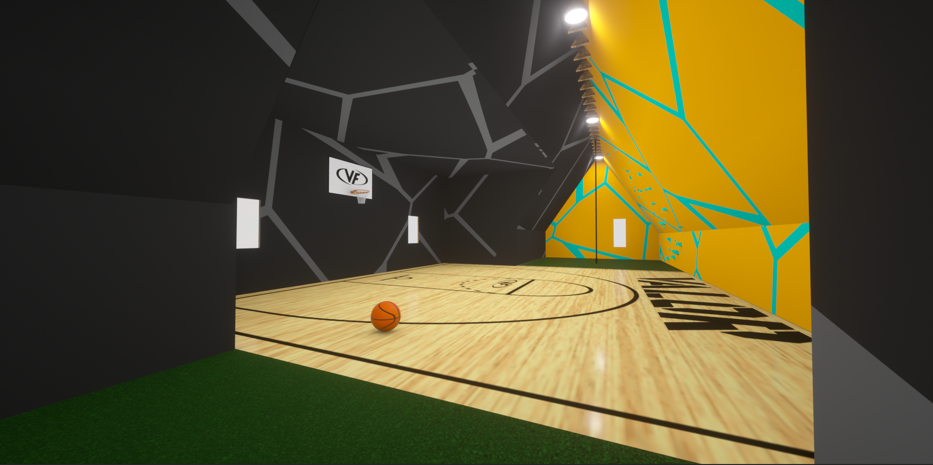 Custom attic basketball court training home gym 3D design and custom equipment layout, rendered in Cinema 4D and Octane