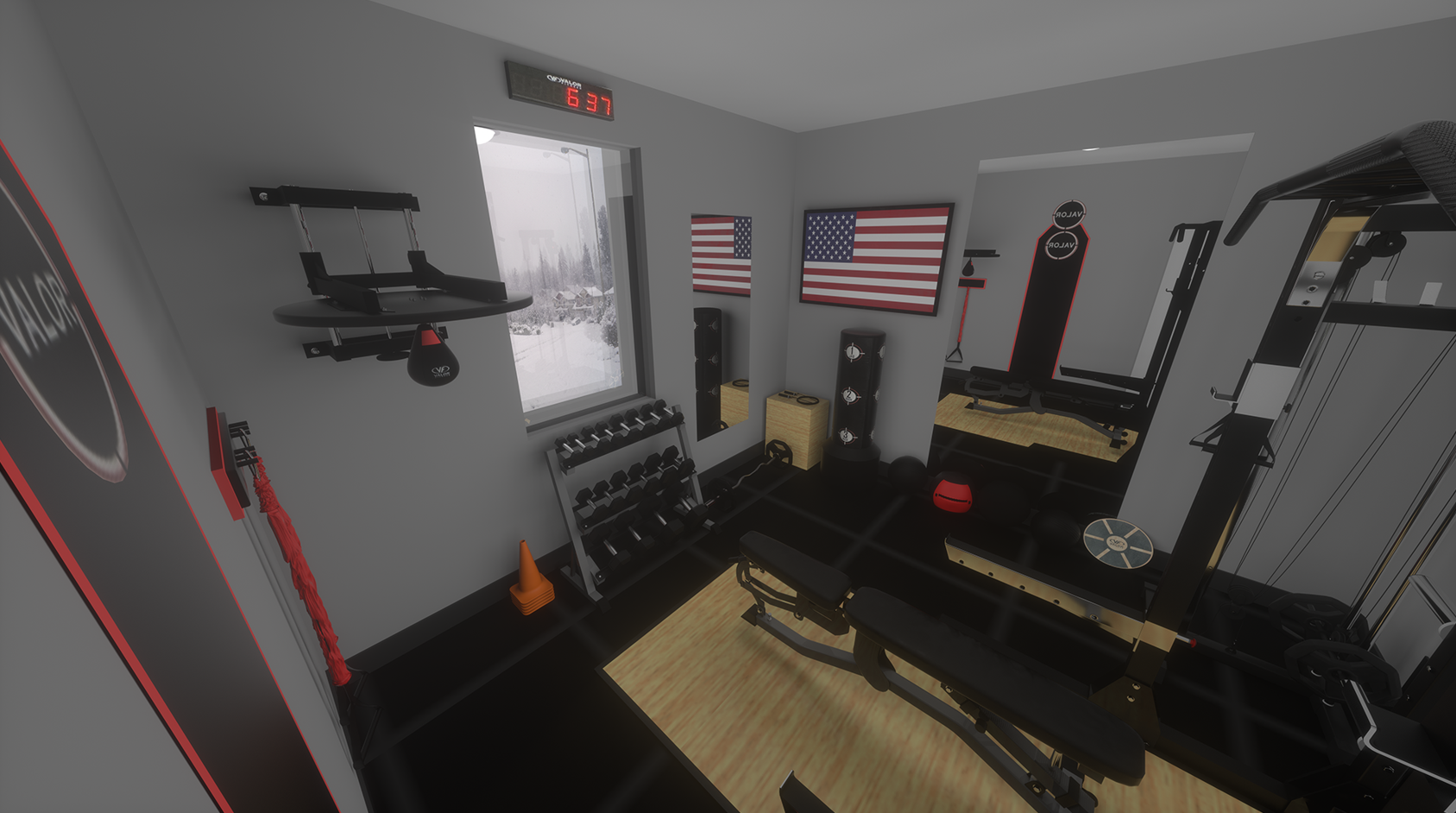 Small room home gym 3D design and custom equipment layout, rendered in Cinema 4D and Octane