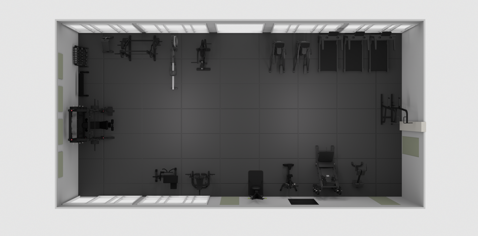 Community Center commercial gym 3D design and equipment layout, rendered in Cinema 4D and Octane