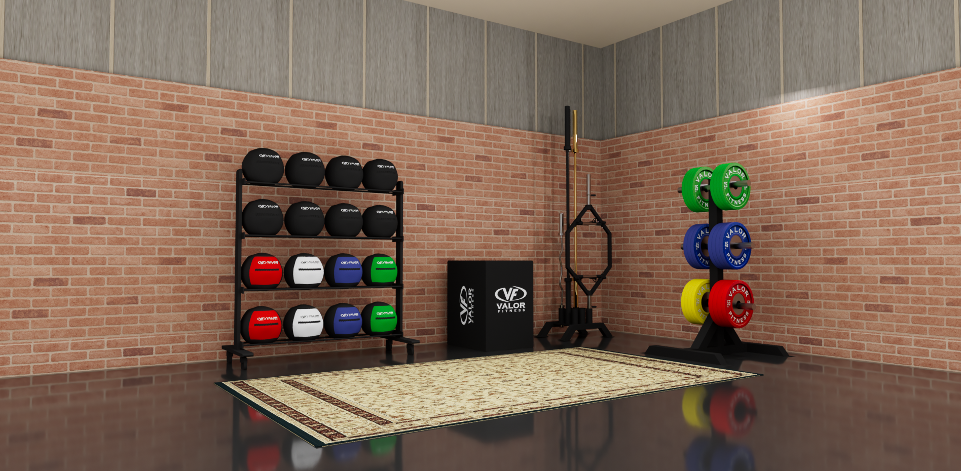 television set commercial gym 3D design and equipment layout, rendered in Cinema 4D and Octane
