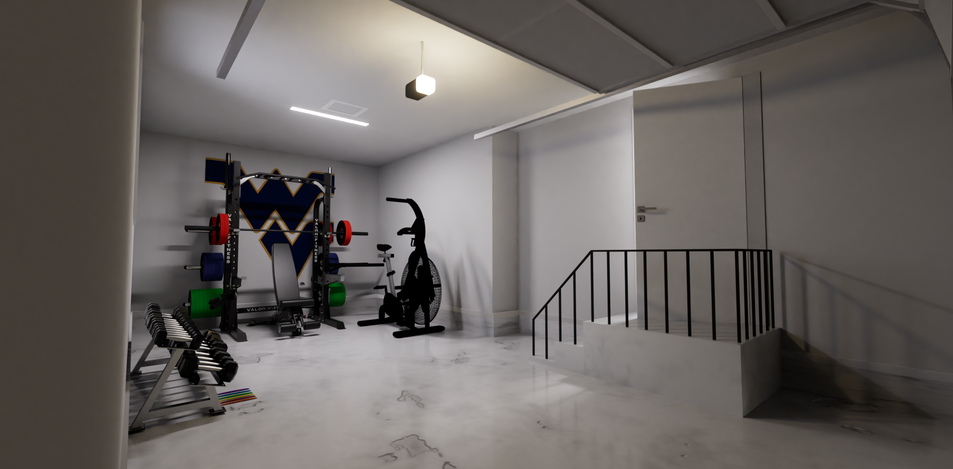 Custom Sports 3D Garage home gym 3D design and custom equipment layout, rendered in Cinema 4D and Octane