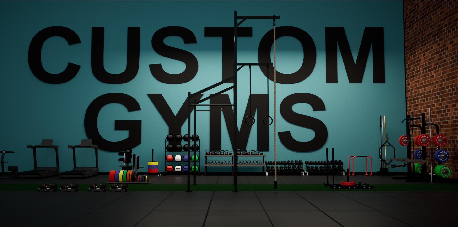 Custom commercial gym 1 3D design and equipment layout, rendered in Cinema 4D and Octane