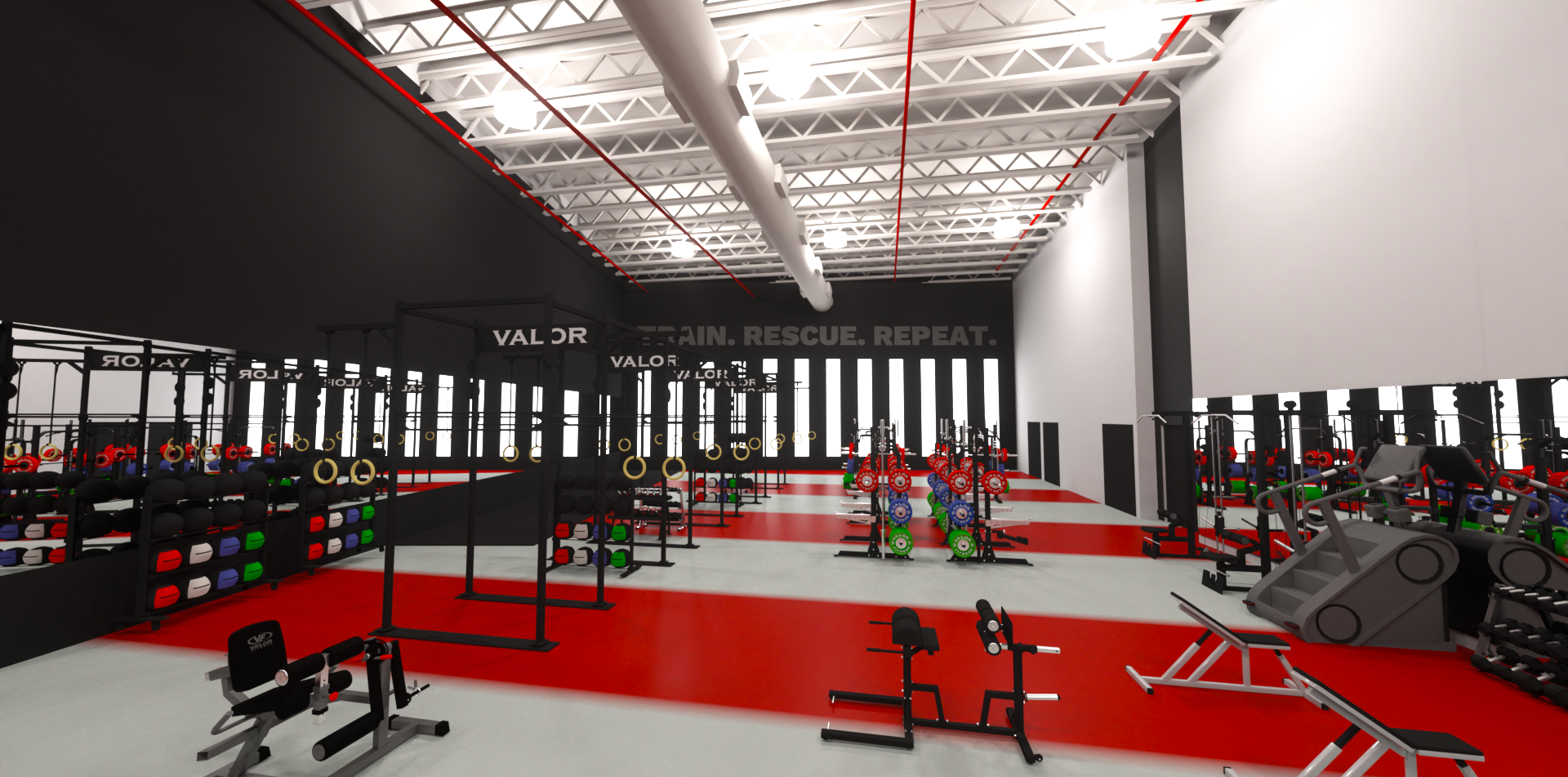 Orange county Fire Rescue Public safety & Training Facility gym 3D design and custom equipment layout, rendered in Cinema 4D and Octane