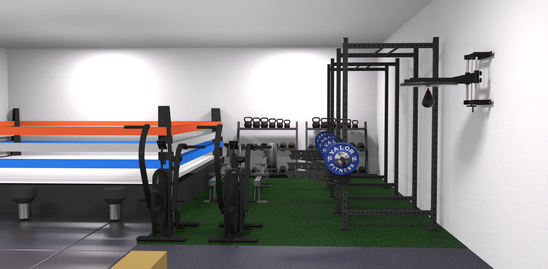 Boxing commercial gym 3D design and equipment layout, rendered in Cinema 4D and Octane